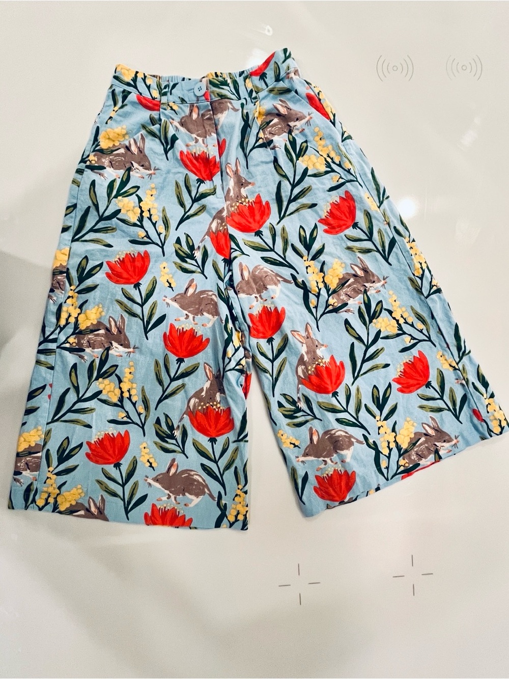 Princess Highway Light Blue Whimsical Rabbit Floral Culottes Wide Leg Pants